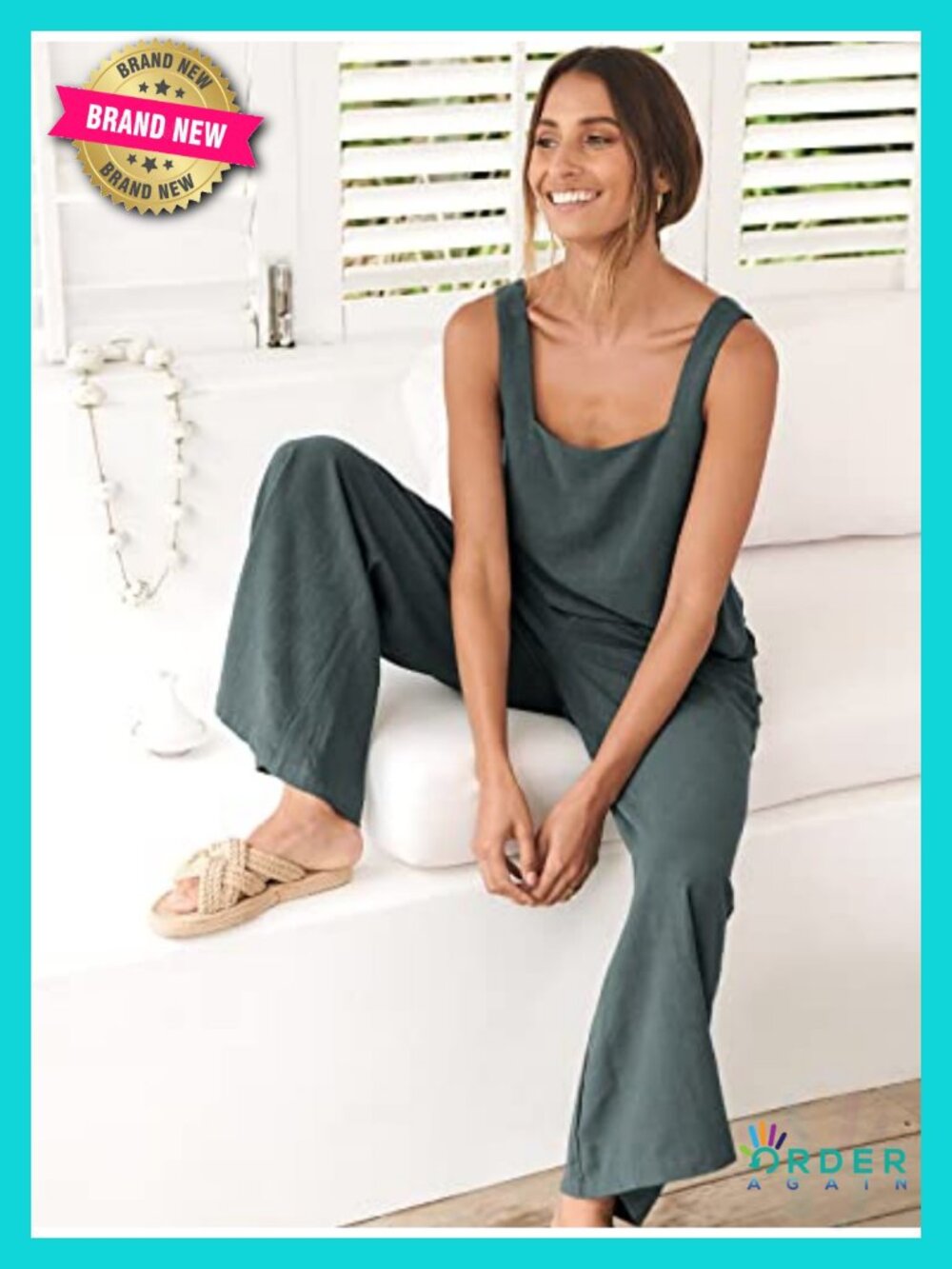 2 Piece Linen Set Crop Tank Wide Leg Pants Lounge Wear - Picture 3 of 6